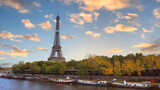 Fototapeta Paryż - Panoramic view in Paris Eiffel Tower and river Seine in Paris, France. Eiffel Tower is one of the most iconic landmarks of Paris.