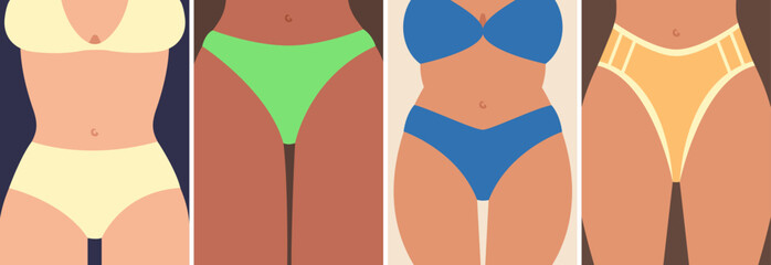 Wall Mural - set of summer posters with female bodies. beach placard in flat style.