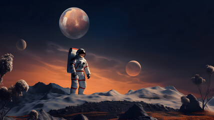 Wall Mural - spaceman or astronaut on the surface of moon.