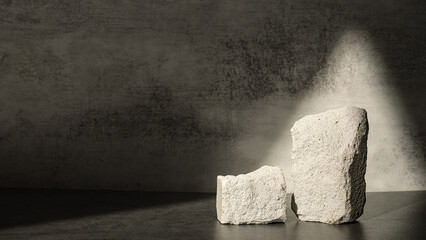 Poster - Rough stone with sunlight from window on concrete wall and floor background,Copy space for product display