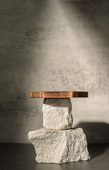 Poster - Rough stone and wooden box with sunlight from window on concrete wall and floor background,Copy space for product display