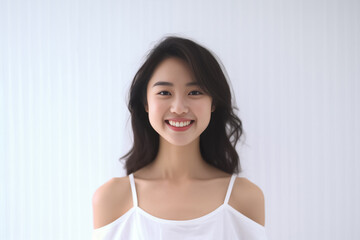 Wall Mural - Radiating pure joy and confidence, an Asian young girl shines in her fashion-forward dress, striking a captivating pose amidst a bright and airy white studio light setting. generative AI.