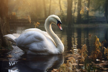 Image Of White Swan On The Water In The Swamp In The Fertile Forest. Nature. Illustration, Generative AI.