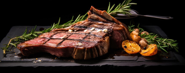 Canvas Print - Grilled Beef meat tomahawk steak on dark slate.