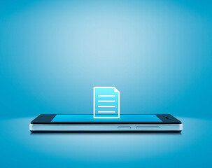 Document icon on modern smart mobile phone screen over light blue background, Technology internet online concept