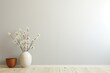 An elegant white flower vase sitting against the serene backdrop of a light gray wall. Photorealistic illustration