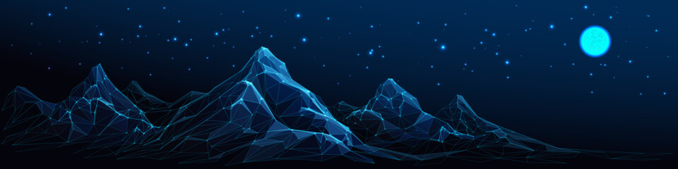 Poster - Abstract mountain range against the background of the night starry sky. Digital mountain landscapes consist of connected dots, lines, polygons, and grids. Low poly wireframe vector illustration.