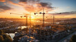 Lots of tower cranes build large residential buildings at sunset.generative ai