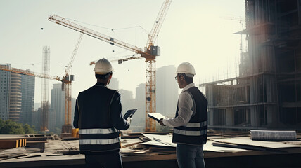 Wall Mural - Two Specialists Inspect Commercial, Industrial Building Construction Site. Real Estate Project with Civil Engineer