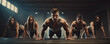 © amazingfotommm - Group of men and women doing workouts in fitnes center. wide banner