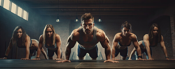 Group of men and women doing workouts in fitnes center. wide banner