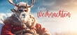 Frohe Weihnachten Urlaub Winter Hintergrund Grußkarte mit deutschem Text - Cooler Rentier Weihnachtsmann mit Sonnenbrille, Winterlandschaft, Schneeflocken und Sonne Bokeh (Generative Ai)