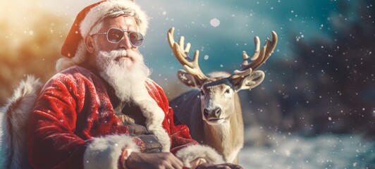 Wall Mural - Merry Christmas holiday vacation winter background greeting card - Cool Santa Claus with sunglasses sitting on Christmas sleigh, with reindeer, snowflakes and sun bokeh light (Generative Ai)