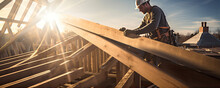 Roof Worker Or Carpenter Building A Wood Structure House Construction.