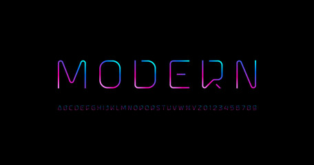 Wall Mural - technical font, digital bright alphabet, trendy modern uppercase latin letters from a to z and arab 