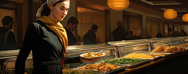 Woman take a food fron buffet line, wide banner,