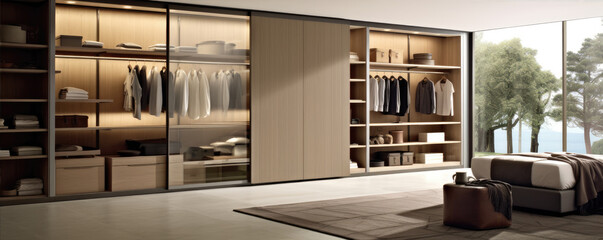 Wall Mural - Modern wardrobe with sliding doors in tidy clean room. panorama photo