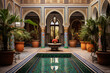 Moroccan riad , reflecting the distinctive architecture of North Africa. Courtyard house with a central fountain, surrounded by arched doorways