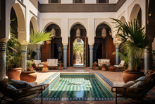Moroccan Riad , Reflecting The Distinctive Architecture Of North Africa. Courtyard House With A Central Fountain, Surrounded By Arched Doorways