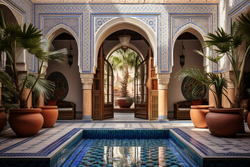 Moroccan riad , reflecting the distinctive architecture of North Africa. Courtyard house with a central fountain, surrounded by arched doorways