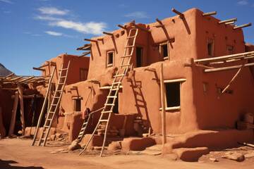 Pueblo-style adobe house, reflecting the traditional architecture of Native American communities in the Southwestern United States. Multi-story house made of adobe bricks, with flat roofs