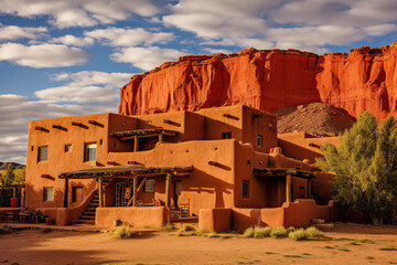 Pueblo-style adobe house, reflecting the traditional architecture of Native American communities in the Southwestern United States. Multi-story house made of adobe bricks, with flat roofs