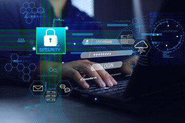 Programer hand using the laptop keyboard and screen appears to enter the username and password to login to the system. Cyber security for data information technology ISO IEC 27001 and 27002 concept.