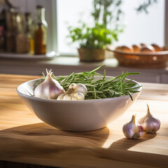 Wall Mural - close up of wooden bowl with garlic and rosemary on wooden board at kitchen table