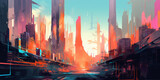Fototapeta Nowy Jork - Sci-fi fantasy city, cyberpunk buildings illustration