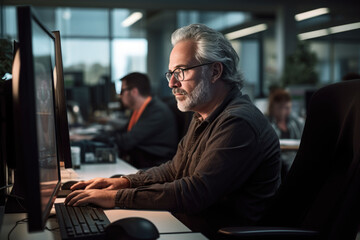 50s man programmer working on the computer in the office