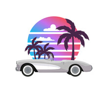 Classic Corvette Car On Summer Sunset With Palm Trees Background In Retro Vintage Style. Design Print Illustration, Sticker, Poster. Vector
