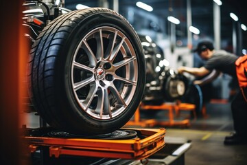 Wall Mural - male tire changer Check the condition of new tires in stock for replacement at a service center or auto repair shop. Tire warehouse for the automobile industry