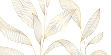 Vector Art Deco Luxury Leaf Line Pattern, Golden Background. Hand Drawn Wavy Plants For Packaging, Social Media Post, Cover, Banner, Creative Post And Wall Arts. Japanese Style.