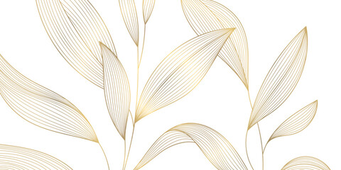 Vector art deco luxury leaf line pattern, golden background. Hand drawn wavy plants for packaging, social media post, cover, banner, creative post and wall arts. Japanese style.