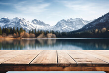 Empty Wooden Table Top With Blurred Snow-capped Mountains Or A Tranquil Alpine Lake, Offering A Sense Of Calm And Relaxation In The Background, For Display Or Montage Of Your Products. Generative AI.