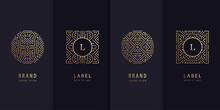 Vector Set Of Logo Design Templates, Brochures, Flyers, Packaging Design In Trendy Linear Art Deco, Letters In Squares. Use For Luxury Products, Wedding Invitations, Organic Cosmetics, Wine Packaging.