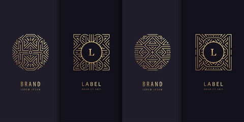vector set of logo design templates, brochures, flyers, packaging design in trendy linear art deco, 