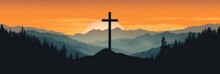 Silhouette Of A Cross On A Hill In A Mountain Landscape At Sunset. Generative AI