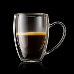 Wall Mural - Transparent double wall glass mug with espresso coffee on black background.