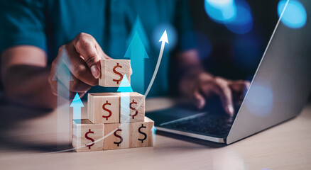 Finance and investment, financial and banking, growth, saving, wealth, investor, asset. Sort the cube to height profit to take it. that cube has finance wealth dollar symbol stick.