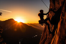 Adventurous Woman, Rock Climbing In Yosemite, Sunrise Lighting Her Silhouette, Warm, Powerful, Inspiring
