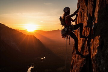 adventurous woman, rock climbing in yosemite, sunrise lighting her silhouette, warm, powerful, inspi