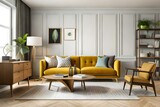 Fototapeta Przestrzenne - Stylish interior of living room with honey yellow sofa, wooden bookcase, plants, commode, picture frame, carpet, decoration and elegant accessoreis in home decor. Template.