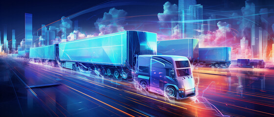 Delivery trucks traveling on a highway made of 1's and 0's, against a sprawling digital city, illustrating digital commerce, abstract, neon colors, aerial perspective