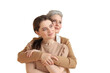 Portrait of old mother and mature daughter. Happy senior mom and adult daughter embracing with love on a transparent background.