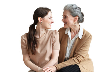 Portrait of old mother and mature daughter hugging. Happy senior mom and adult daughter embracing with love on a transparent background