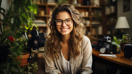 Portrait of a beautiful young photographer freelancer woman in glasses smiling and looking at camera.