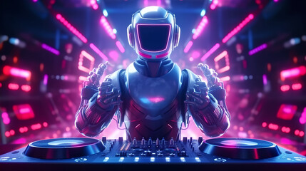 Futuristic robot DJ pointing and playing music on turntables. Robot disc jockey at the dj mixer and turntable plays nightclub during party. EDM entertainment party concept