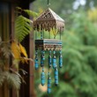Pleasing blue wind chime hanging from roof Generative AI