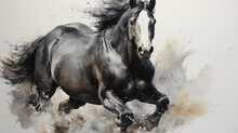 Black And White Horse. Watercolor Drawing. Generative Ai